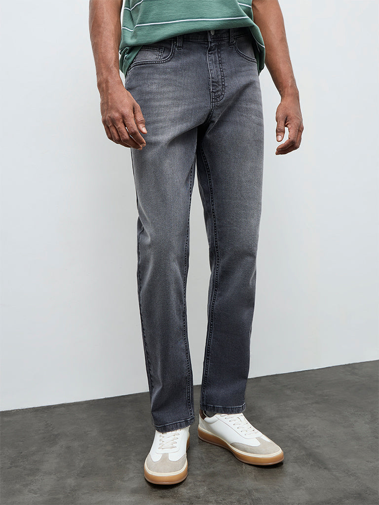 WES Casuals Charcoal Relaxed-Fit Mid-Rise Jeans