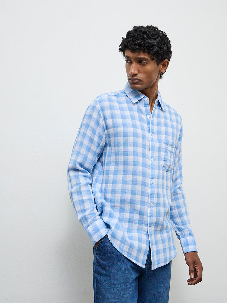 WES Casuals Blue Checks Printed Relaxed-Fit Cotton Shirt