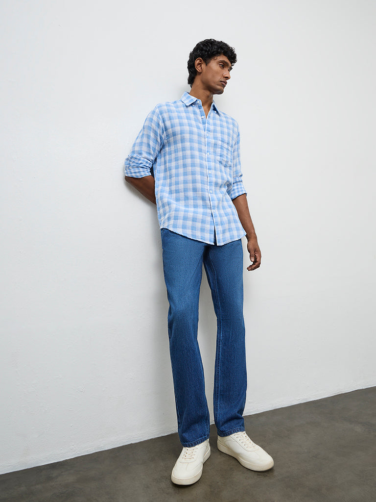 WES Casuals Blue Checks Printed Relaxed-Fit Cotton Shirt