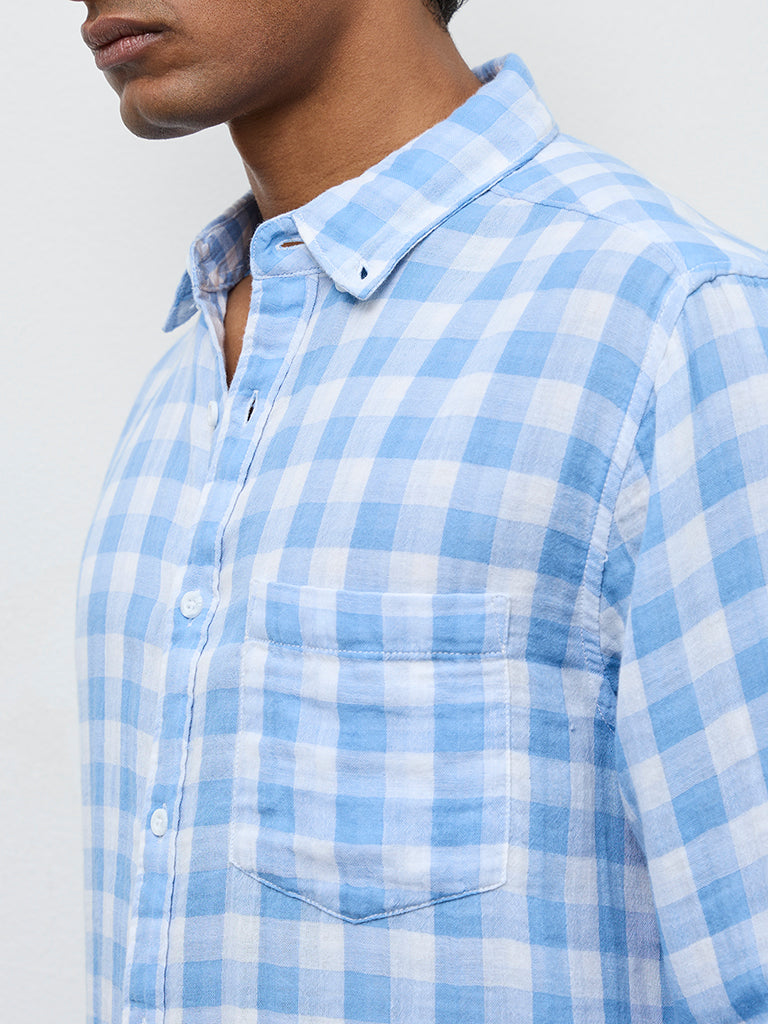WES Casuals Blue Checks Printed Relaxed-Fit Cotton Shirt