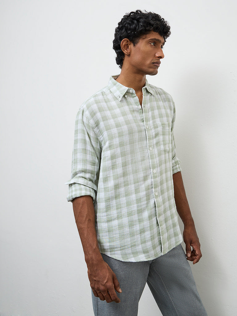WES Casuals Sage Checks Printed Relaxed-Fit Cotton Shirt