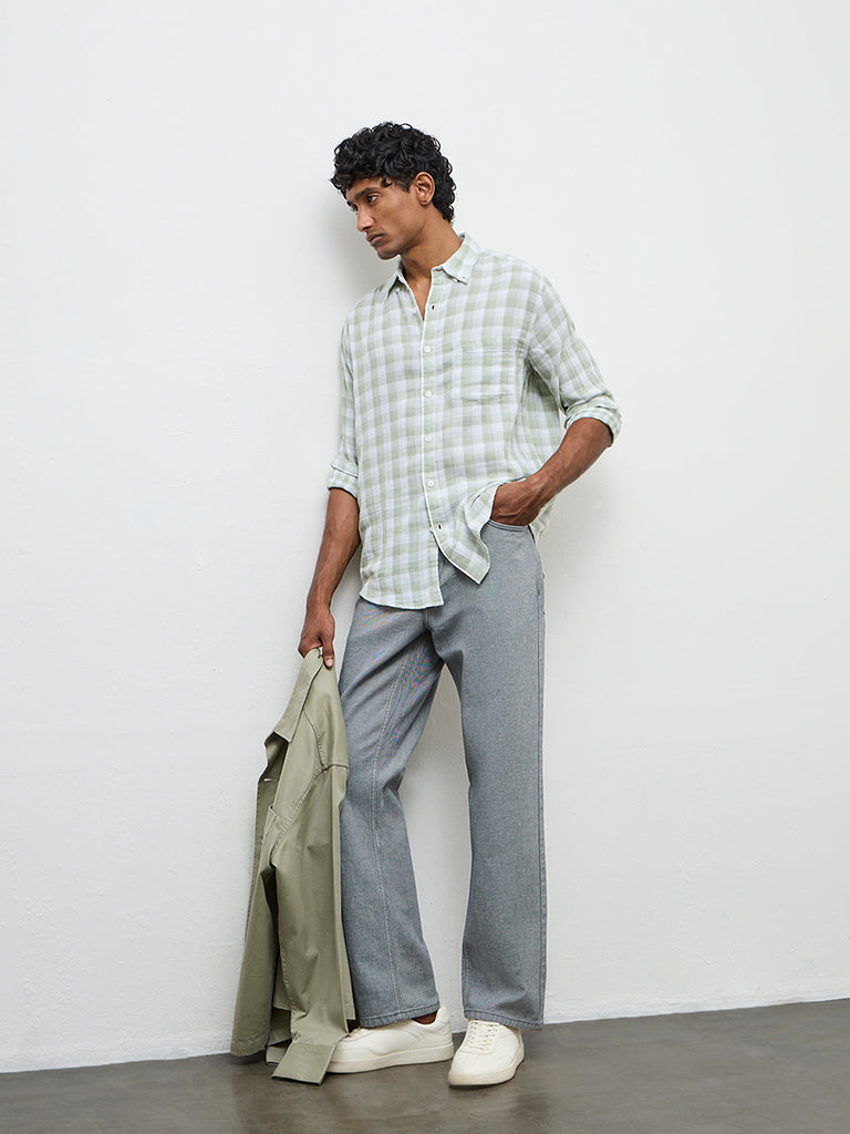 WES Casuals Sage Checks Printed Relaxed-Fit Cotton Shirt