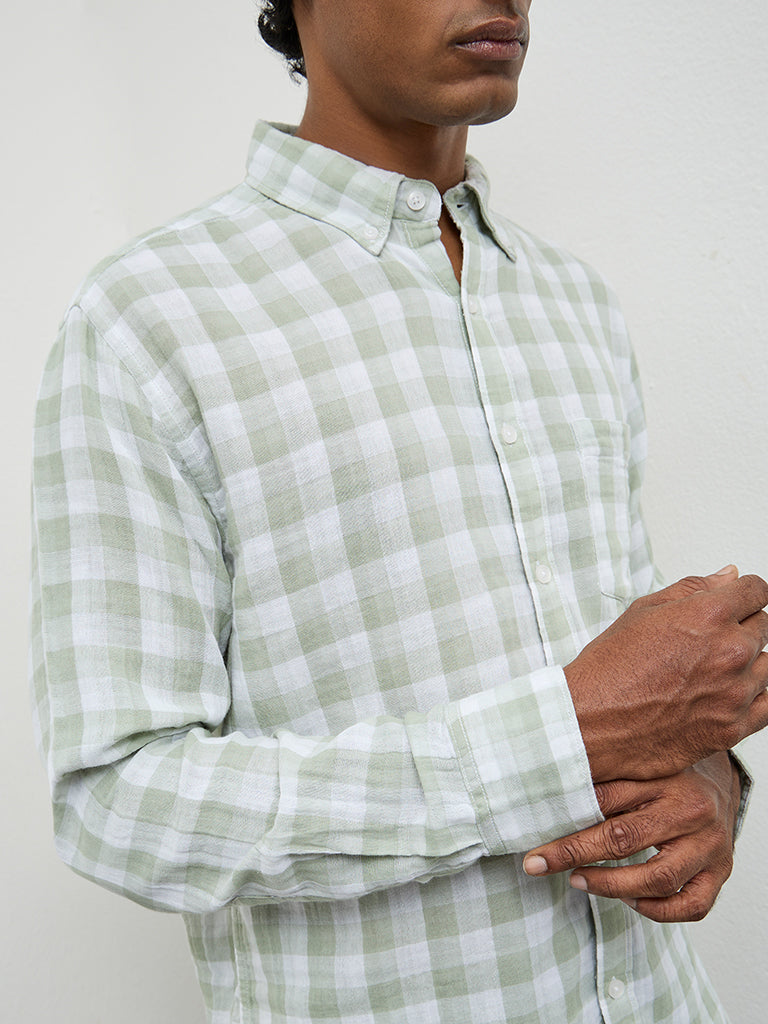 WES Casuals Sage Checks Printed Relaxed-Fit Cotton Shirt