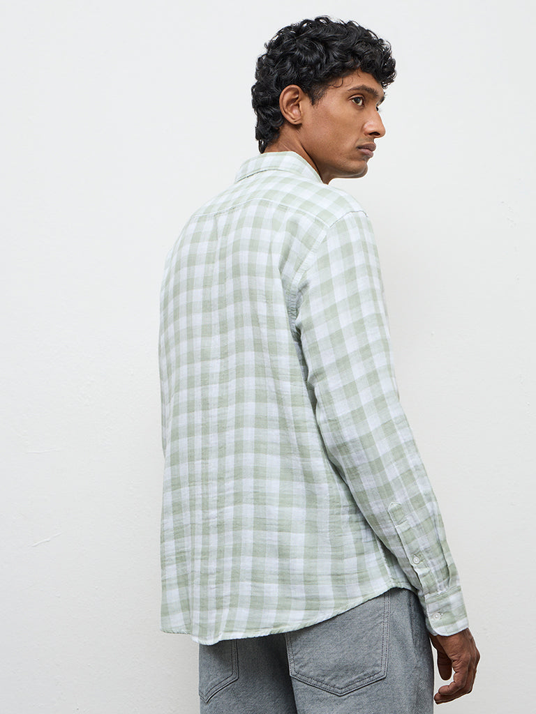 WES Casuals Sage Checks Printed Relaxed-Fit Cotton Shirt