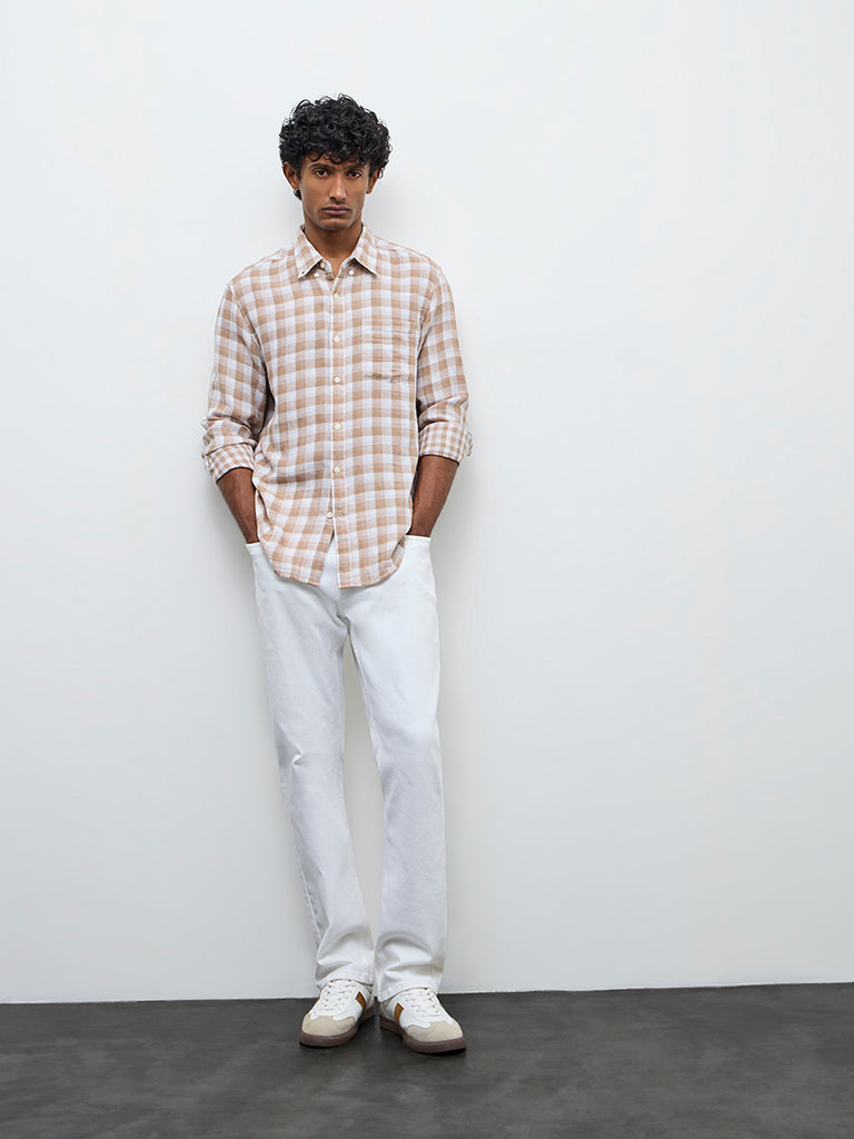 WES Casuals Light Brown Checked Relaxed Fit Cotton Shirt