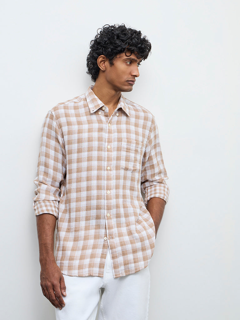 WES Casuals Light Brown Checked Relaxed Fit Cotton Shirt