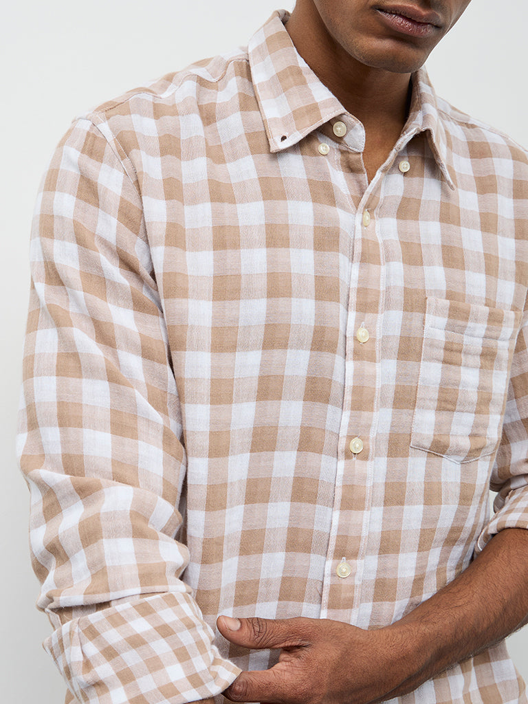 WES Casuals Light Brown Checked Relaxed Fit Cotton Shirt
