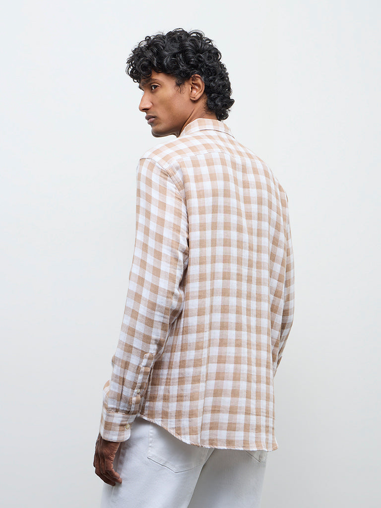 WES Casuals Light Brown Checked Relaxed Fit Cotton Shirt