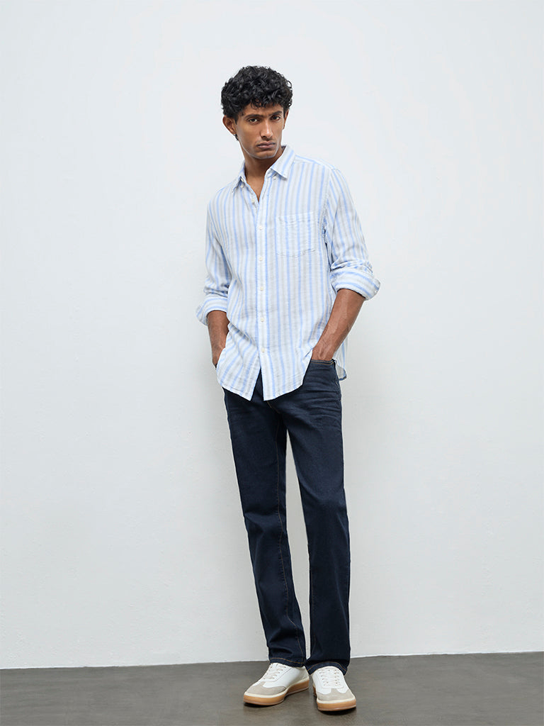 WES Casuals Blue Striped Relaxed-Fit Cotton Shirt