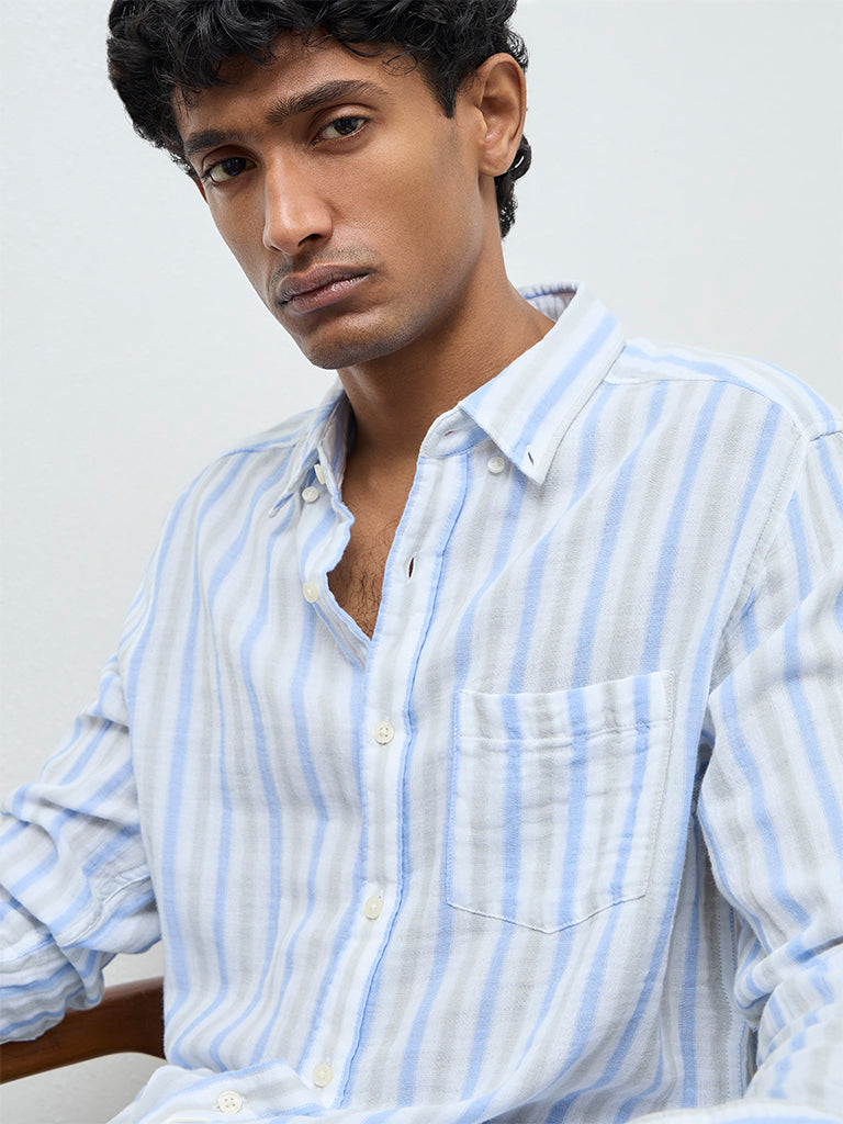 WES Casuals Blue Striped Relaxed-Fit Cotton Shirt