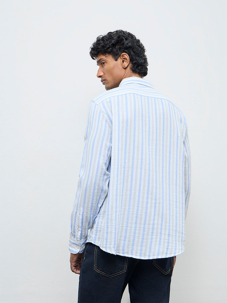 WES Casuals Blue Striped Relaxed-Fit Cotton Shirt