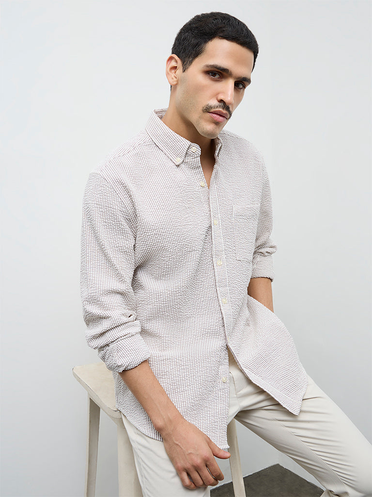 WES Casuals Brown Striped Relaxed-Fit Cotton Shirt