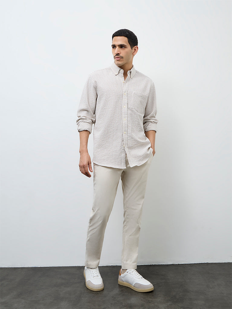 WES Casuals Brown Striped Relaxed-Fit Cotton Shirt