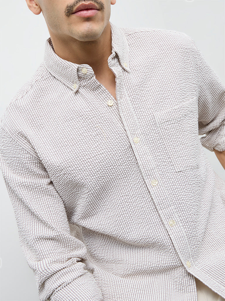 WES Casuals Brown Striped Relaxed-Fit Cotton Shirt