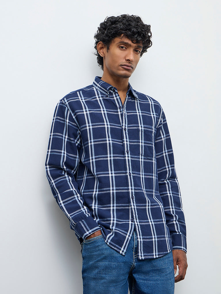 WES Casuals Navy Check Relaxed Fit Cotton-Blend Shirt