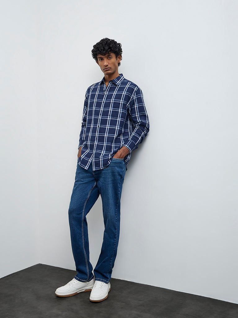 WES Casuals Navy Check Relaxed Fit Cotton-Blend Shirt