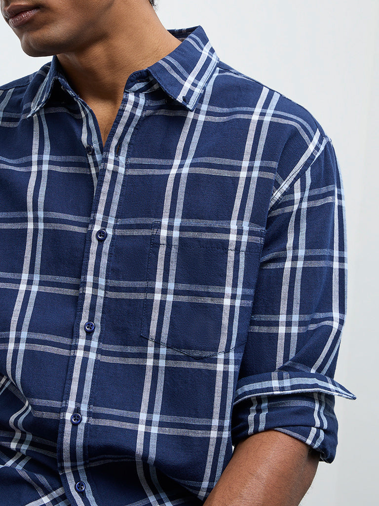 WES Casuals Navy Check Relaxed Fit Cotton-Blend Shirt