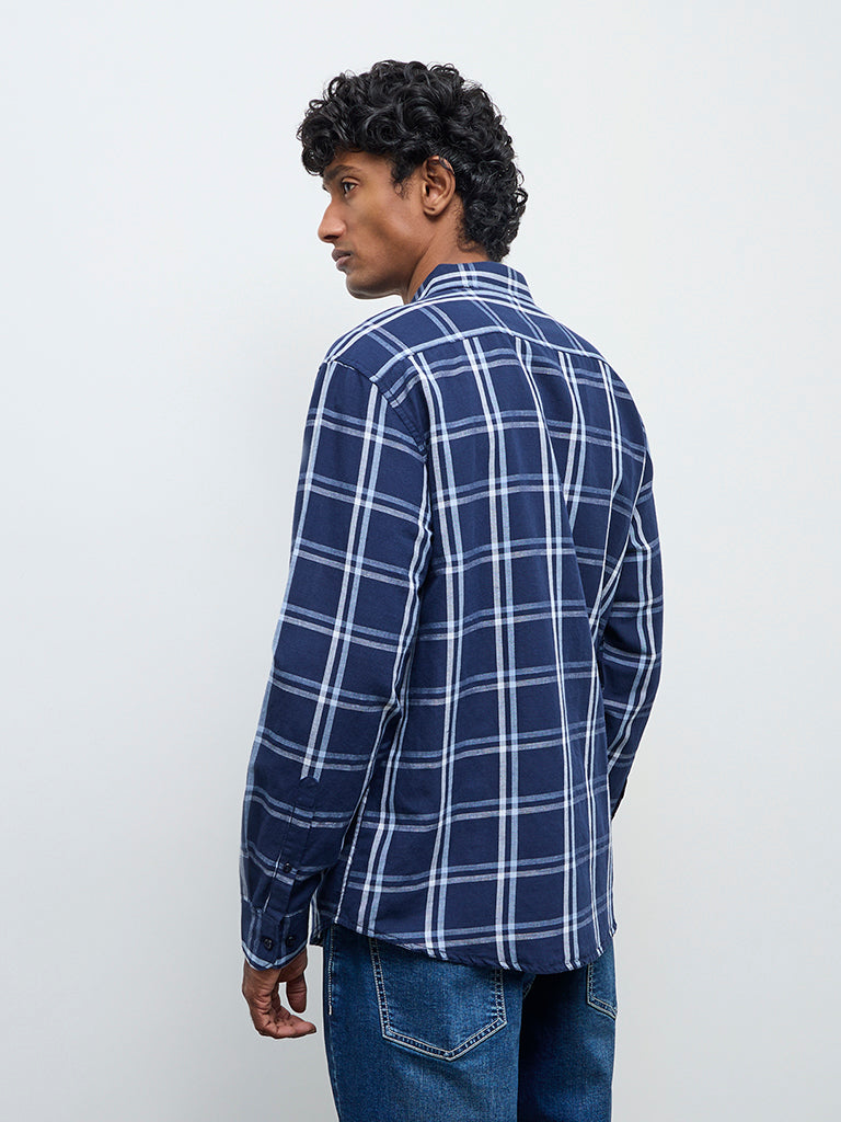 WES Casuals Navy Check Relaxed Fit Cotton-Blend Shirt