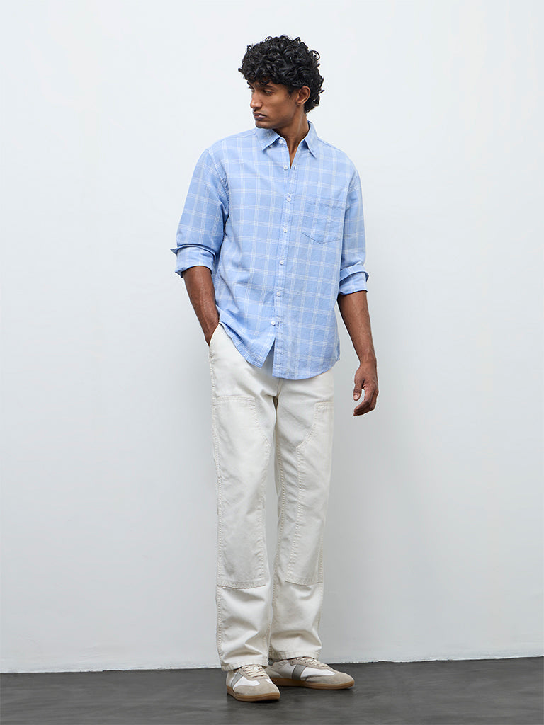 WES Casuals Light Blue Checkered Relaxed Fit Cotton-Blend Shirt