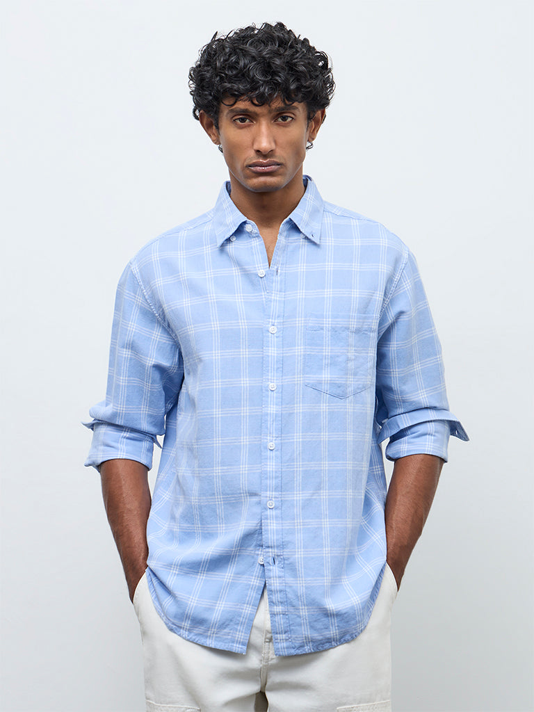 WES Casuals Light Blue Checkered Relaxed Fit Cotton-Blend Shirt