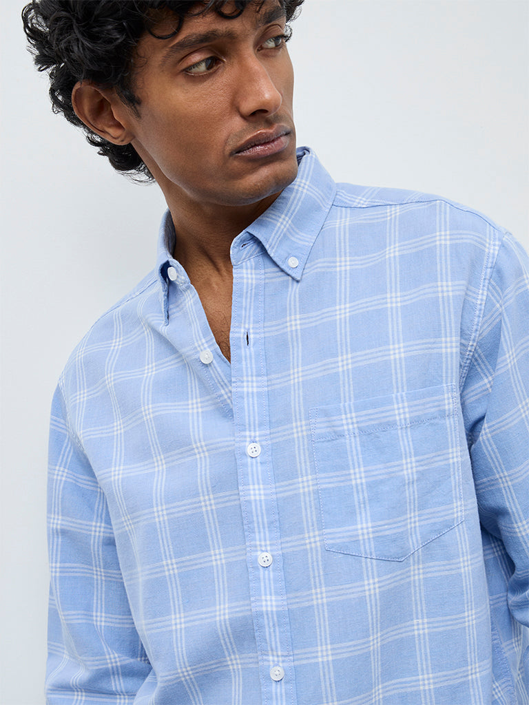 WES Casuals Light Blue Checkered Relaxed Fit Cotton-Blend Shirt