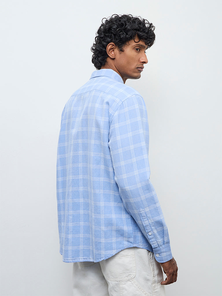 WES Casuals Light Blue Checkered Relaxed Fit Cotton-Blend Shirt