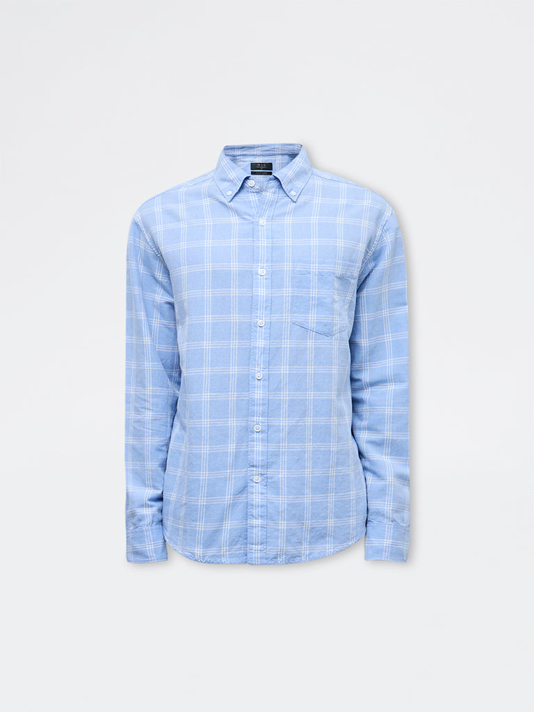 WES Casuals Light Blue Checkered Relaxed Fit Cotton-Blend Shirt