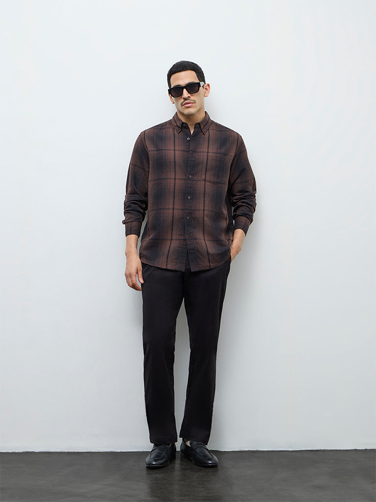 WES Casuals Dark Brown Check Relaxed-Fit Cotton-Blend Shirt