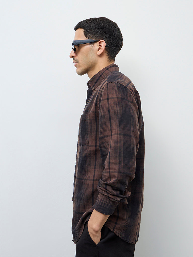 WES Casuals Dark Brown Check Relaxed-Fit Cotton-Blend Shirt
