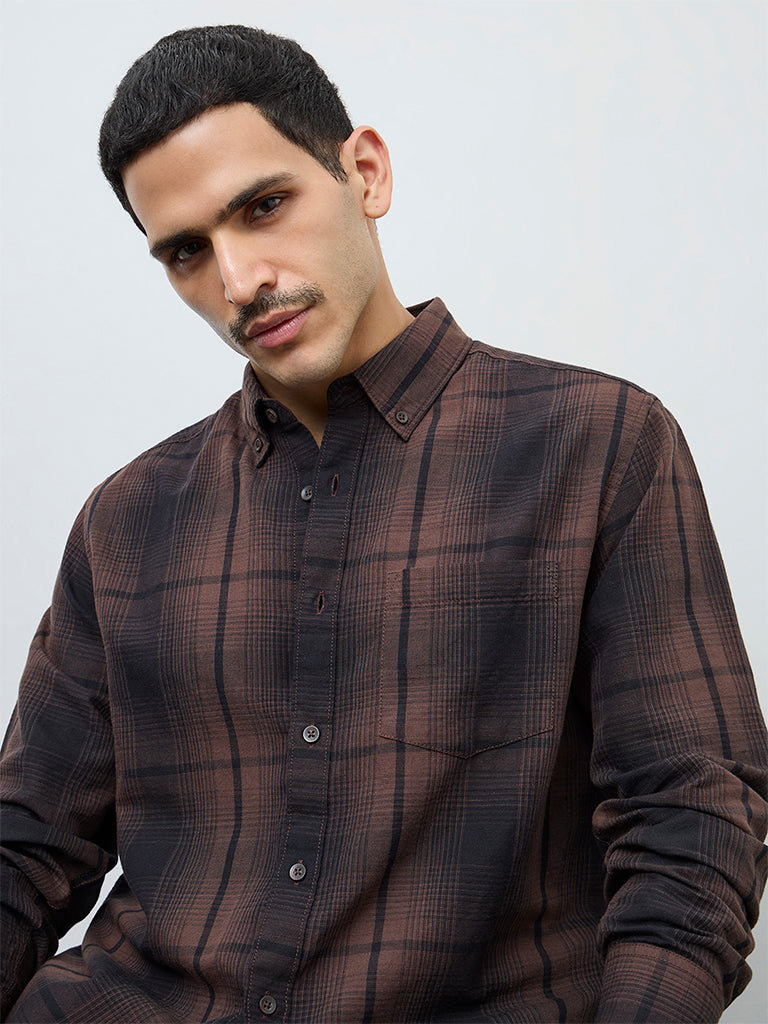WES Casuals Dark Brown Check Relaxed-Fit Cotton-Blend Shirt