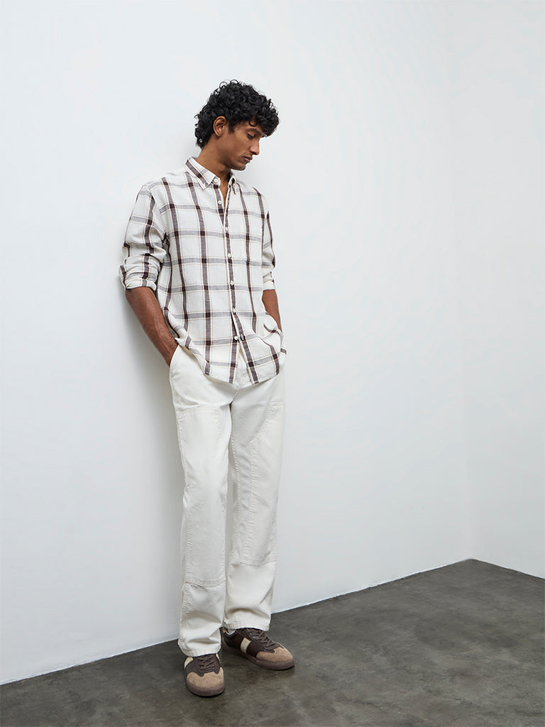 WES Casuals Off-White Check Relaxed Fit Cotton-Blend Shirt