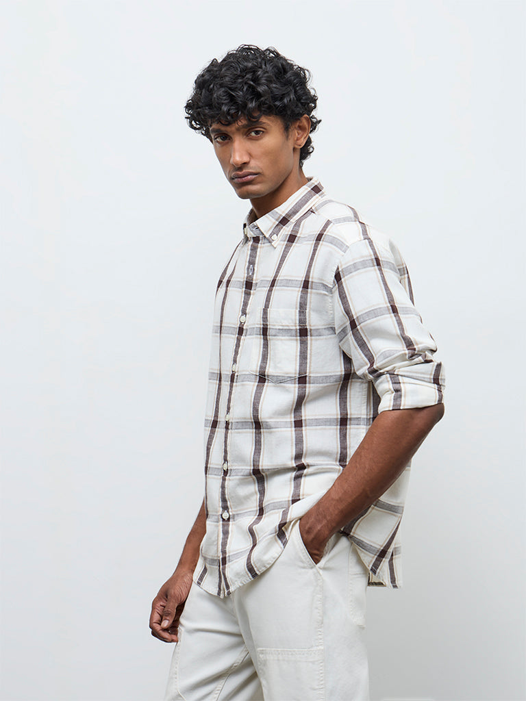 WES Casuals Off-White Check Relaxed Fit Cotton-Blend Shirt