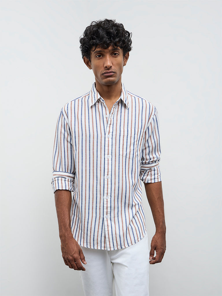 WES Casuals White Striped Relaxed Fit Cotton-Blend Shirt