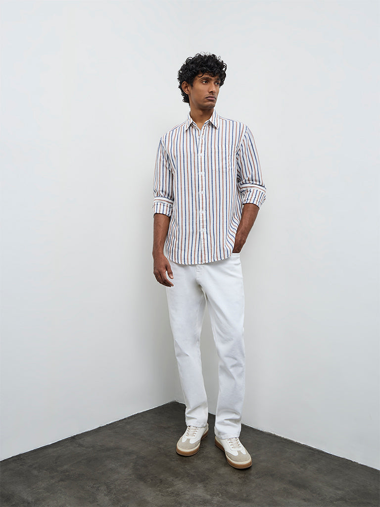 WES Casuals White Striped Relaxed Fit Cotton-Blend Shirt