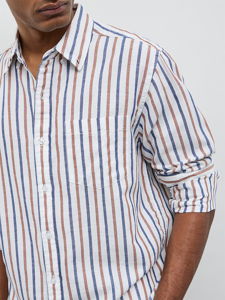 WES Casuals White Striped Relaxed Fit Cotton-Blend Shirt
