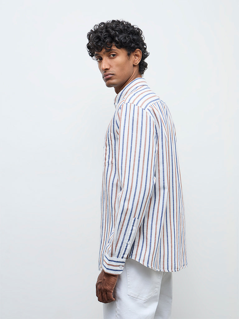 WES Casuals White Striped Relaxed Fit Cotton-Blend Shirt