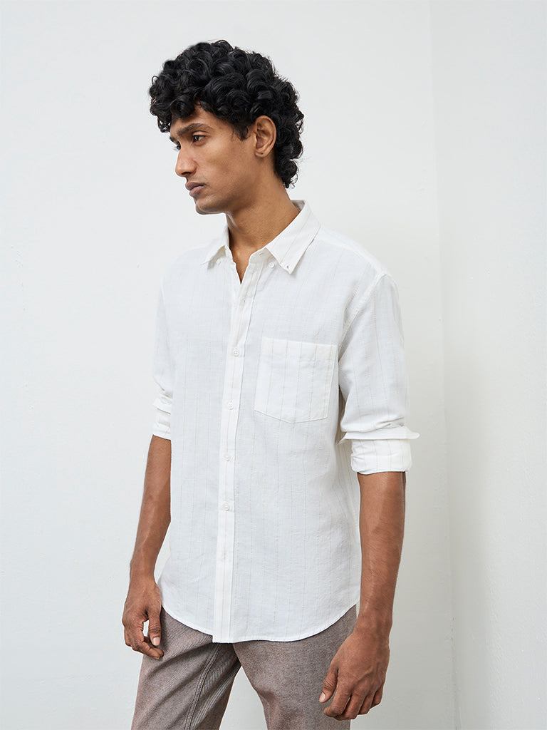 WES Casuals Off-White Striped Relaxed-Fit Cotton-Blend Shirt