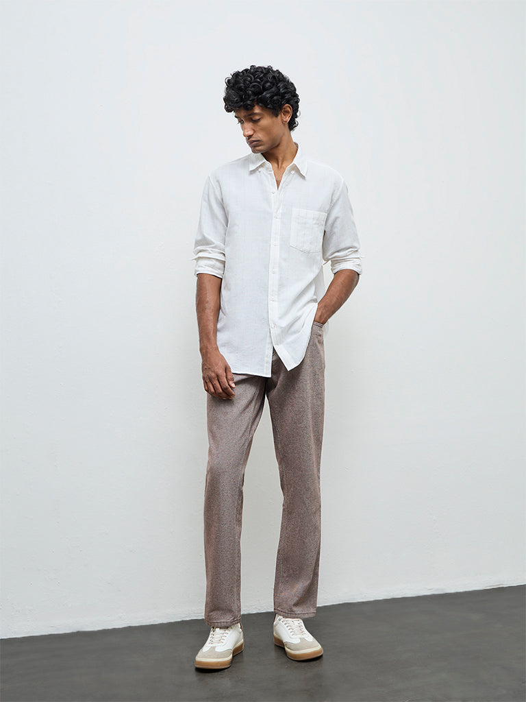 WES Casuals Off-White Striped Relaxed-Fit Cotton-Blend Shirt