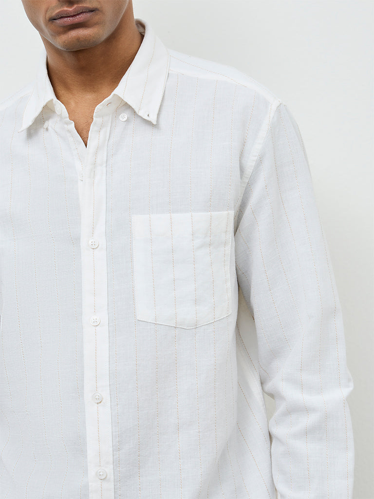 WES Casuals Off-White Striped Relaxed-Fit Cotton-Blend Shirt