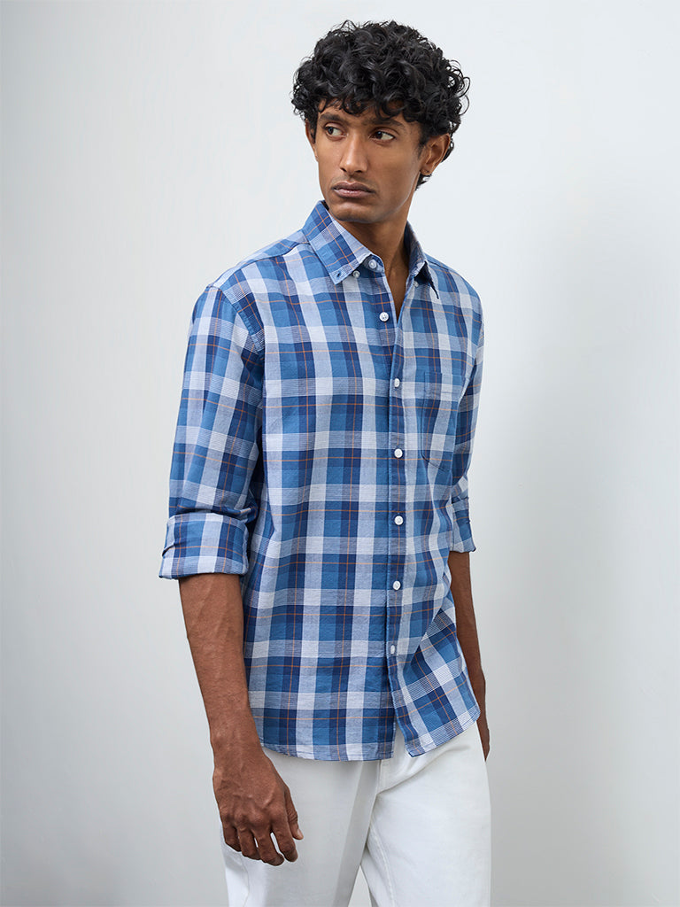 WES Casuals Blue Checkered Relaxed Fit Cotton Shirt
