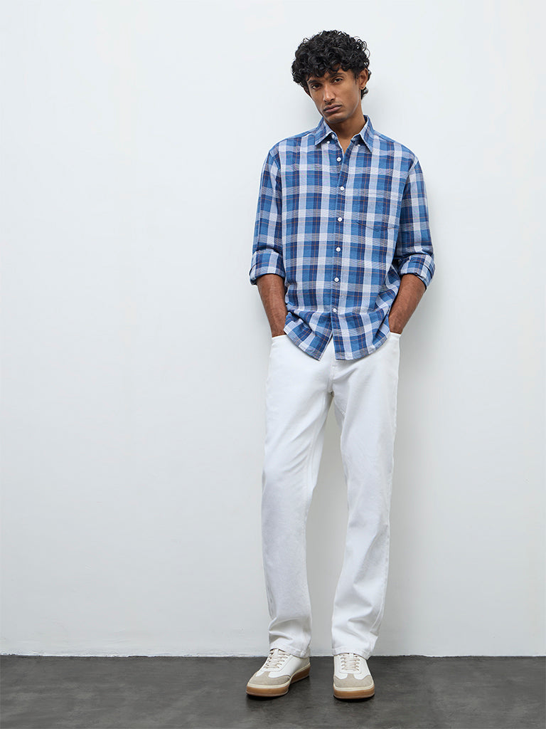 WES Casuals Blue Checkered Relaxed Fit Cotton Shirt