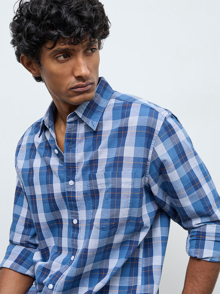 WES Casuals Blue Checkered Relaxed Fit Cotton Shirt