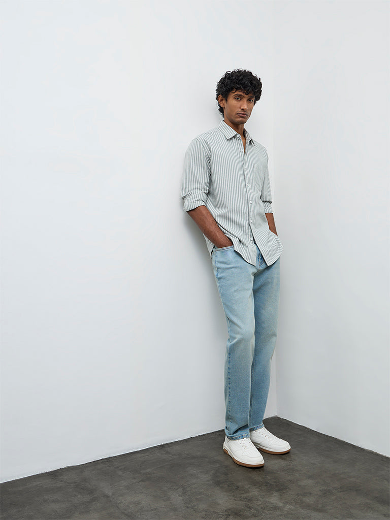 WES Casuals Sage Striped Relaxed Fit Cotton Shirt