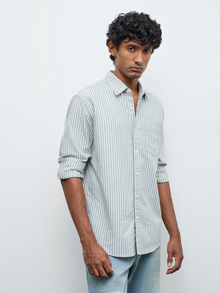 WES Casuals Sage Striped Relaxed Fit Cotton Shirt