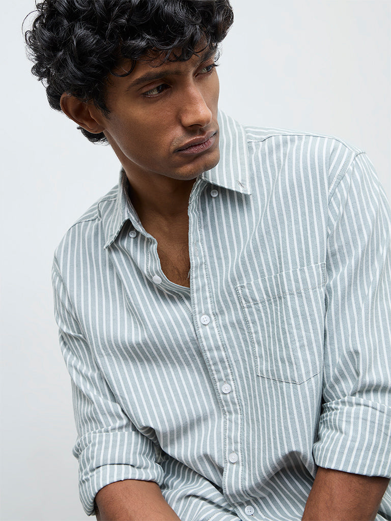 WES Casuals Sage Striped Relaxed Fit Cotton Shirt