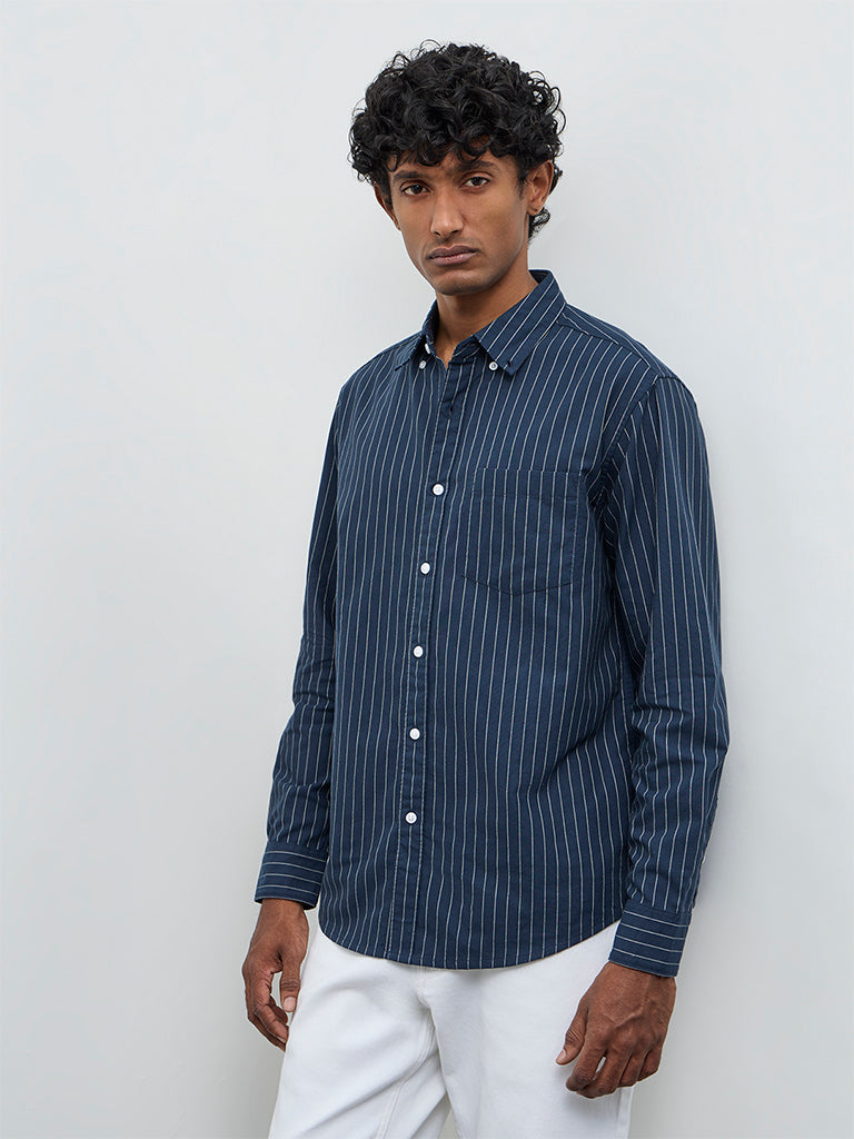 WES Casuals Navy Pinstriped Relaxed Fit Cotton Shirt