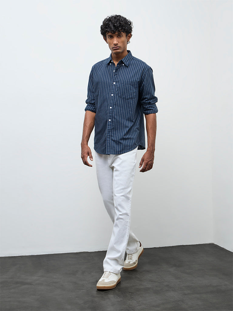 WES Casuals Navy Pinstriped Relaxed Fit Cotton Shirt