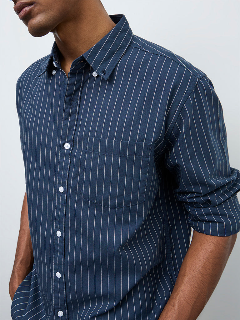 WES Casuals Navy Pinstriped Relaxed Fit Cotton Shirt