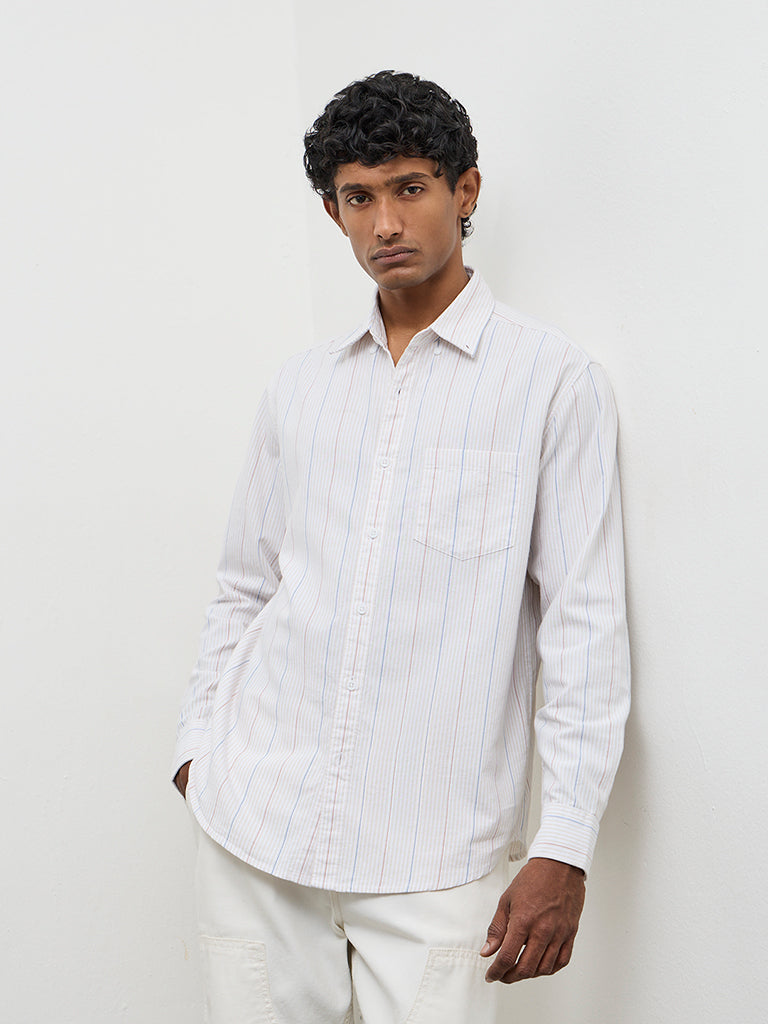 WES Casuals Light Beige Striped Relaxed-Fit Cotton Shirt