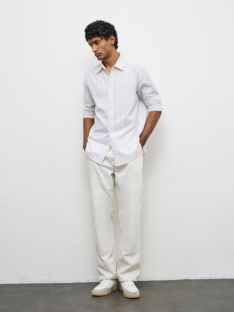 WES Casuals Light Beige Striped Relaxed-Fit Cotton Shirt